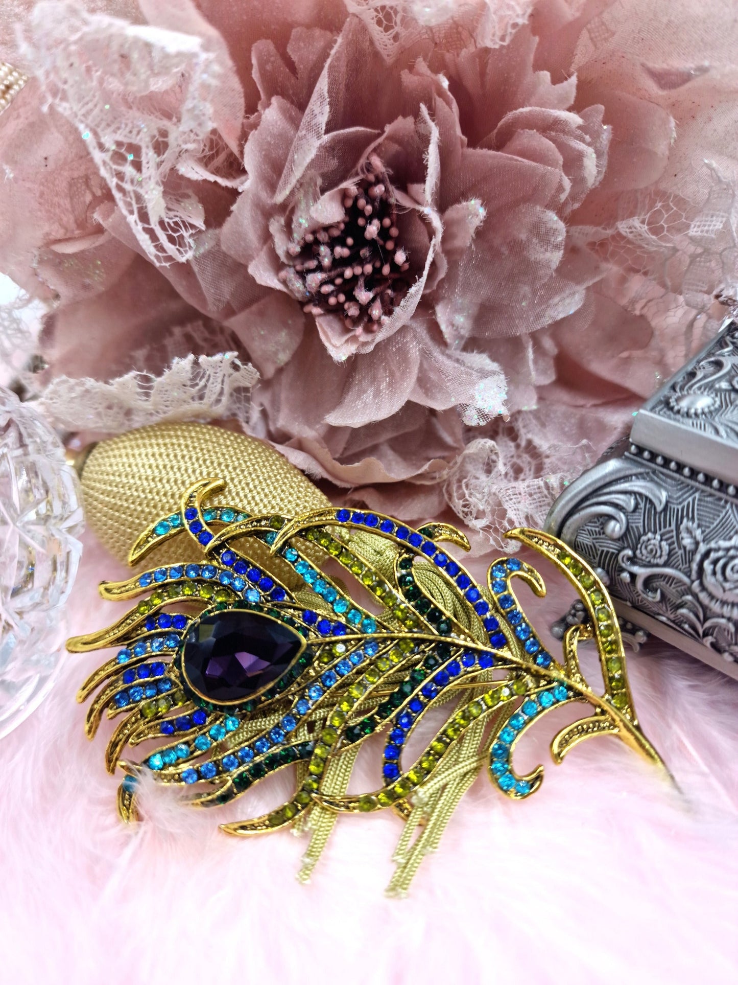 Vintage crystal Large Art Deco paste peacock feather leaf gold statement paste pin brooch