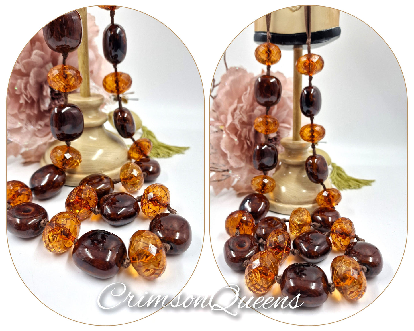 Beautiful Art Deco Chestnut and highly polished lucite with ceramic Chunky Statement heavy Retro necklace