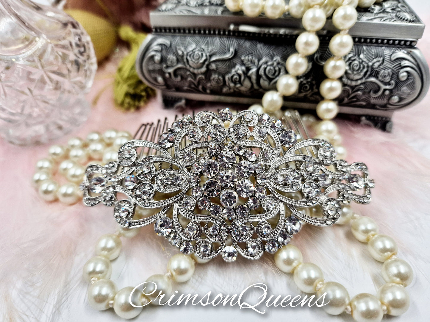 Art Deco Vintage crystal rhninestone Intricate workmanship 1920's style Art Deco Victorian antique silver wedding comb headpiece