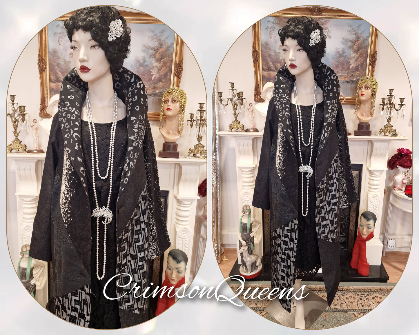Vintage opera Art Deco velvet brocade with denim 1920's Exquisite Black silver geometrical midi coat size UK 16 US 12