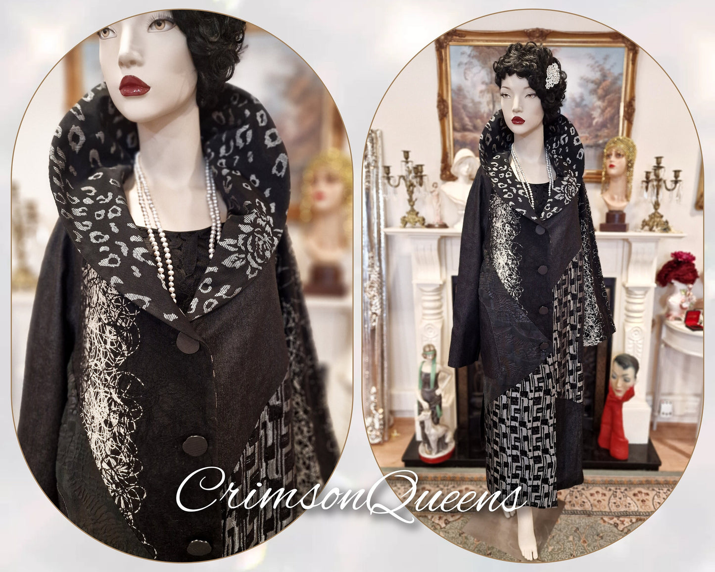 Vintage opera Art Deco velvet brocade with denim 1920's Exquisite Black silver geometrical midi coat size UK 16 US 12