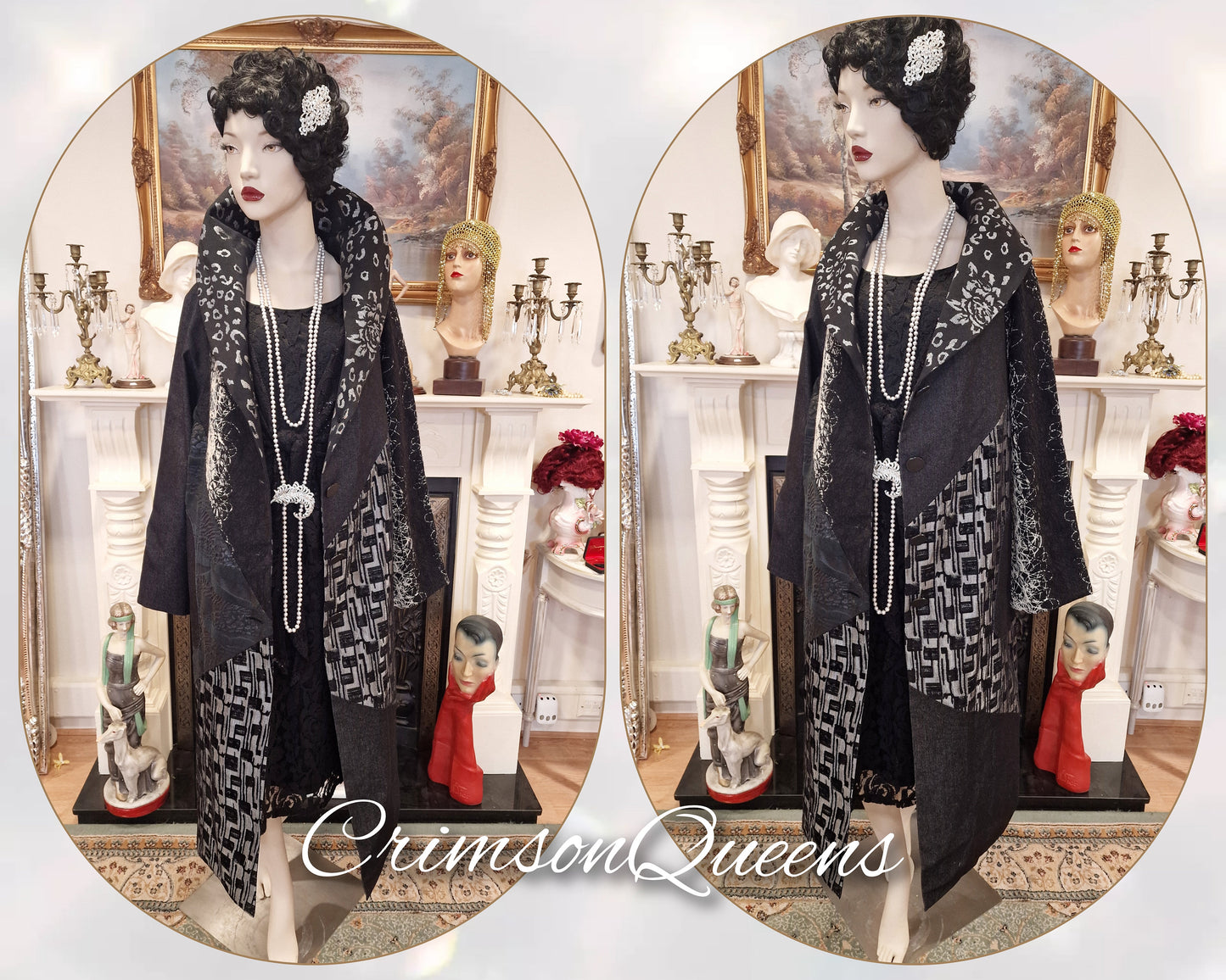 Vintage opera Art Deco velvet brocade with denim 1920's Exquisite Black silver geometrical midi coat size UK 16 US 12
