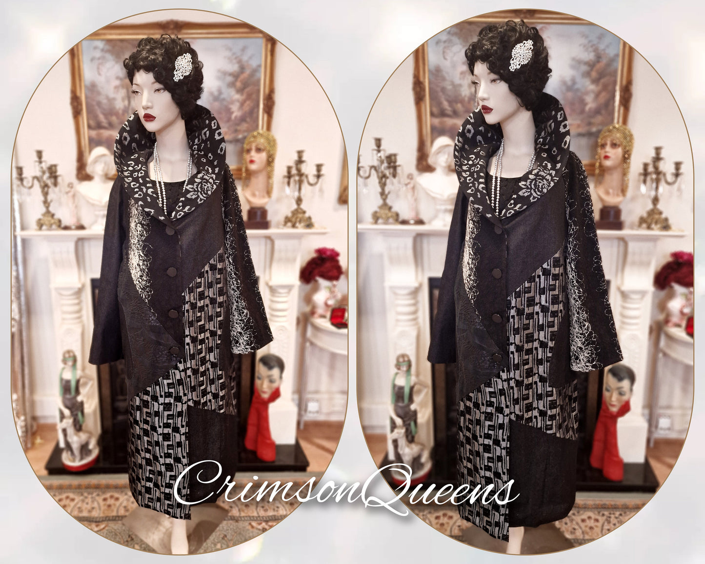 Vintage opera Art Deco velvet brocade with denim 1920's Exquisite Black silver geometrical midi coat size UK 16 US 12