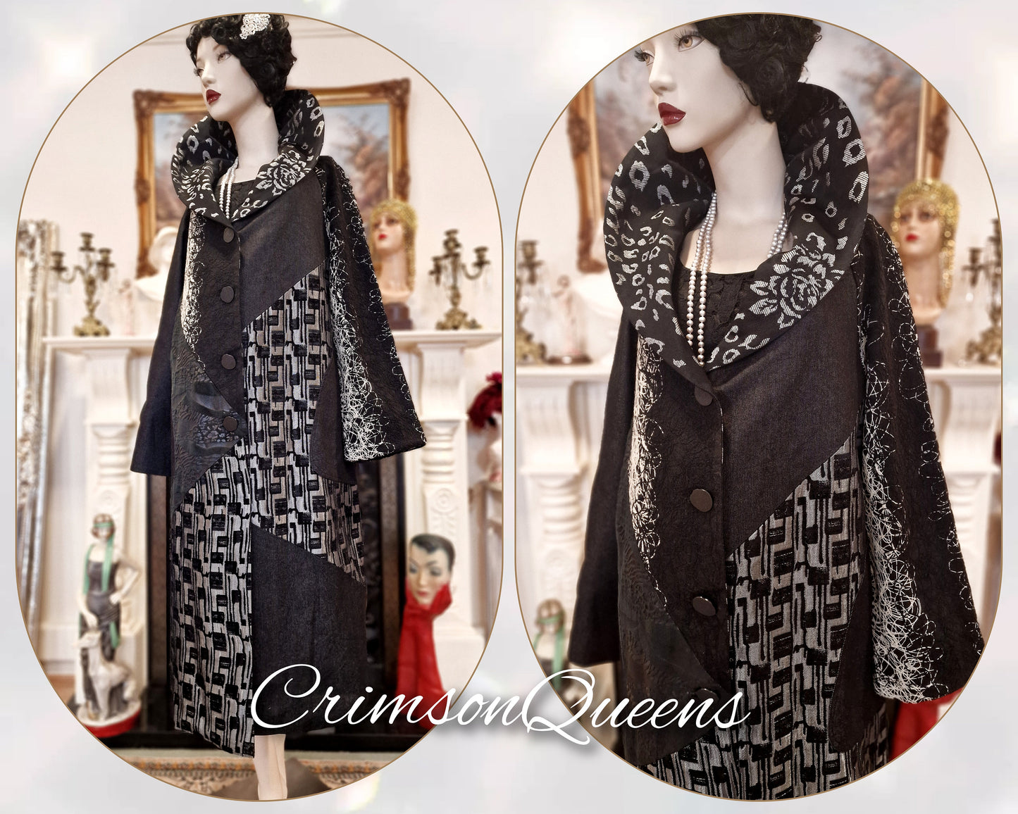 Vintage opera Art Deco velvet brocade with denim 1920's Exquisite Black silver geometrical midi coat size UK 16 US 12