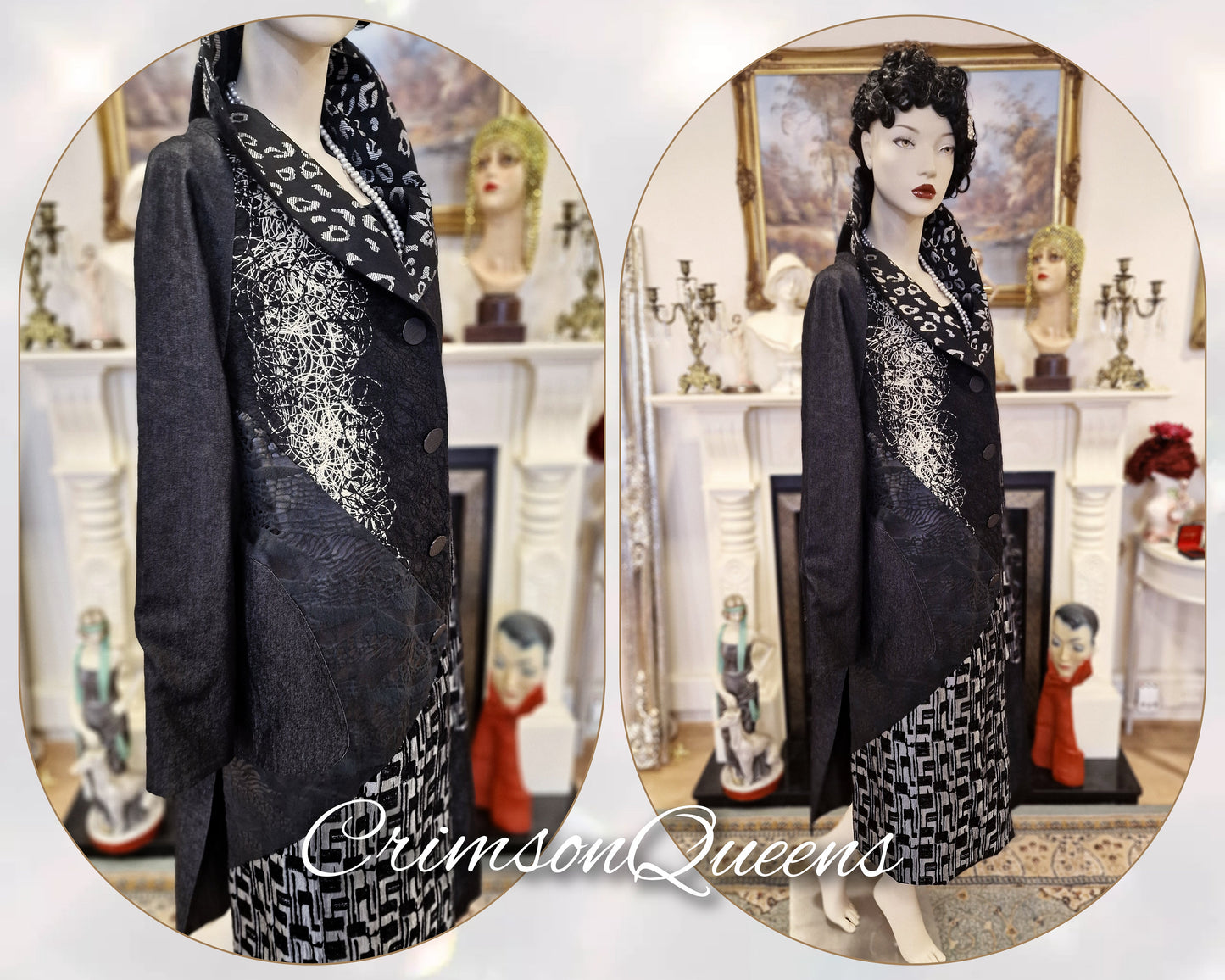 Vintage opera Art Deco velvet brocade with denim 1920's Exquisite Black silver geometrical midi coat size UK 16 US 12