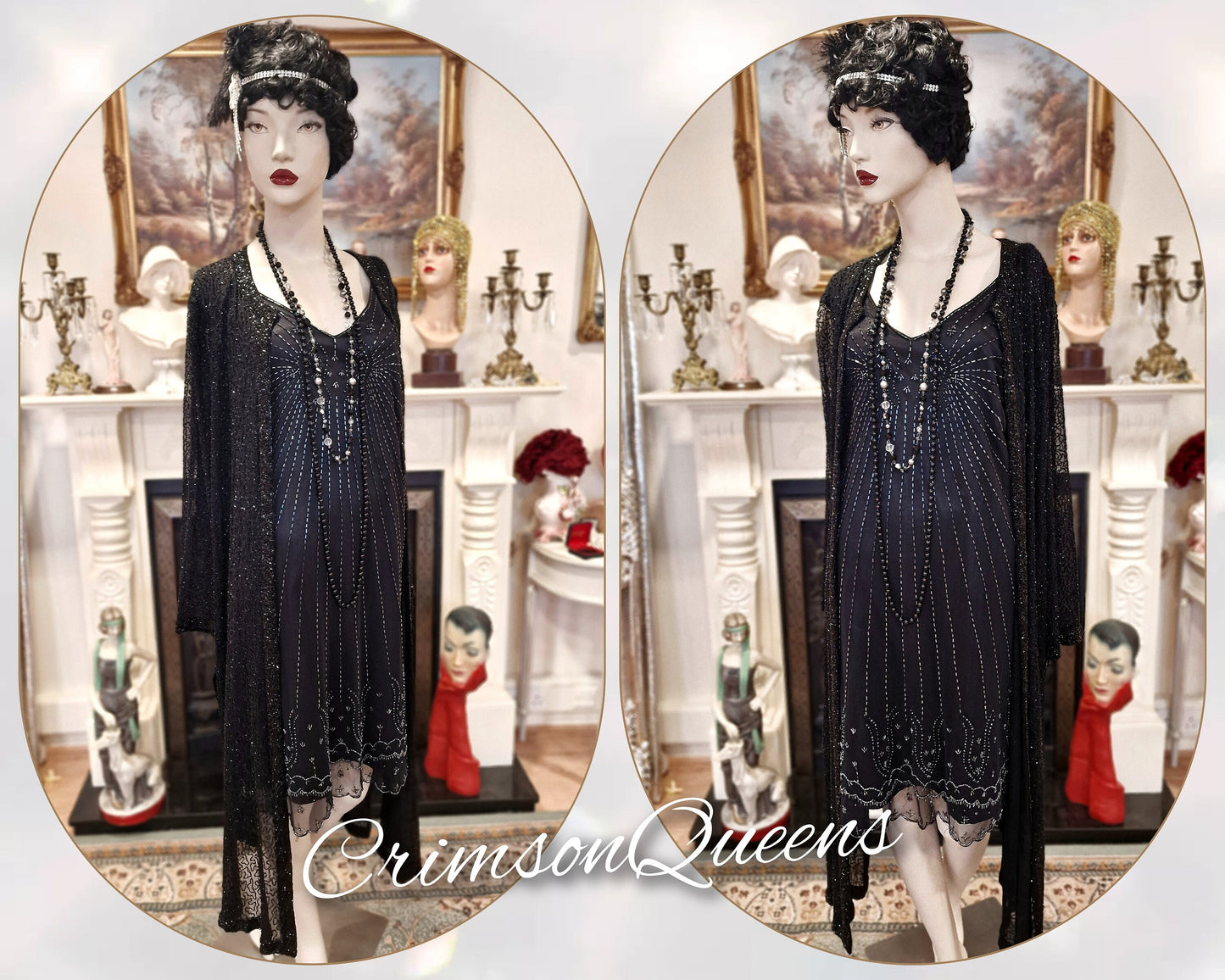 Vintage Downton Abbey Great Gatsby black beaded mesh dress 1920s flapper ensemble with Art Deco Hobb's beaded duster size UK 16 US 12