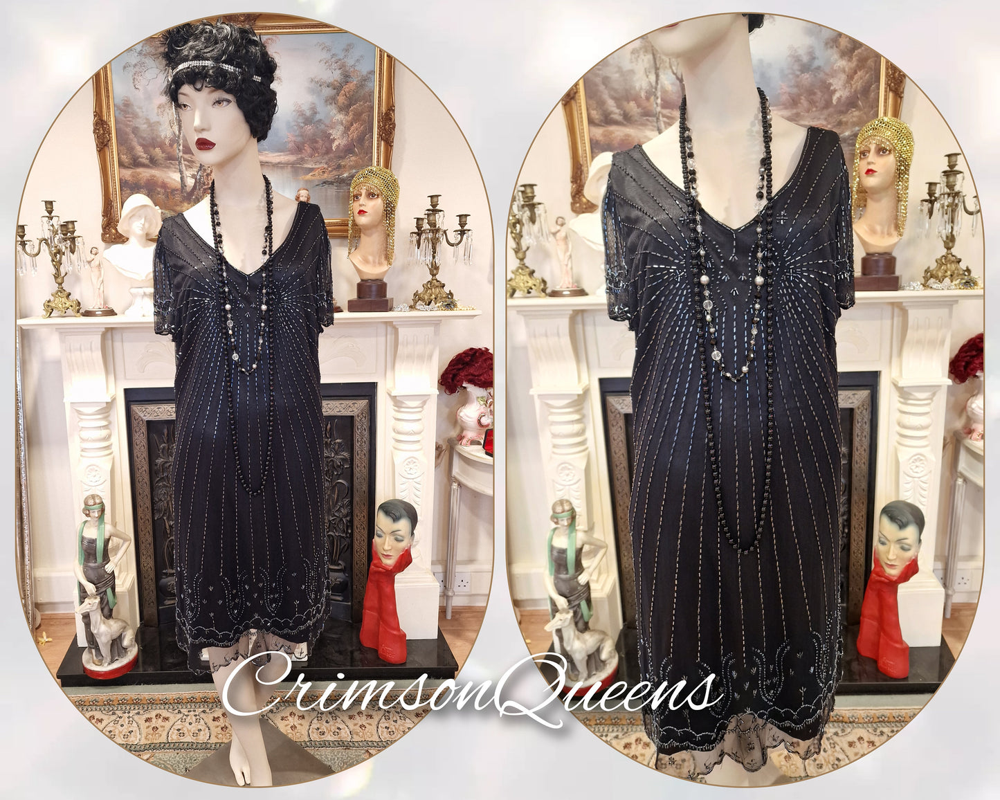 Vintage Downton Abbey Great Gatsby black beaded mesh dress 1920s flapper ensemble with Art Deco Hobb's beaded duster size UK 16 US 12