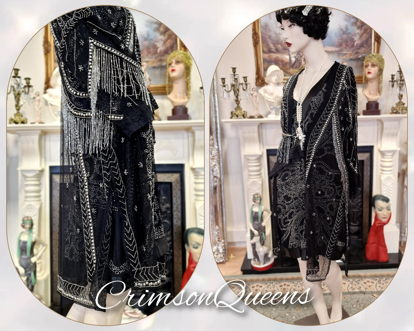 Vintage Downton Abbey Great Gatsby black beaded silk dress 1920s flapper ensemble with Art Deco beaded duster size UK 10 12 US 6 8