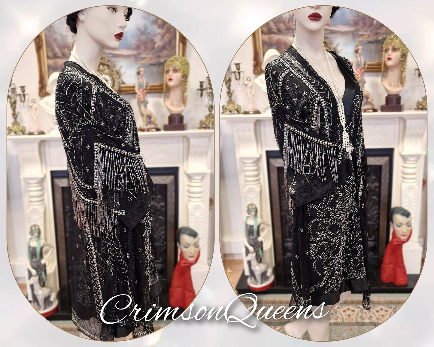 Vintage Downton Abbey Great Gatsby black beaded silk dress 1920s flapper ensemble with Art Deco beaded duster size UK 10 12 US 6 8