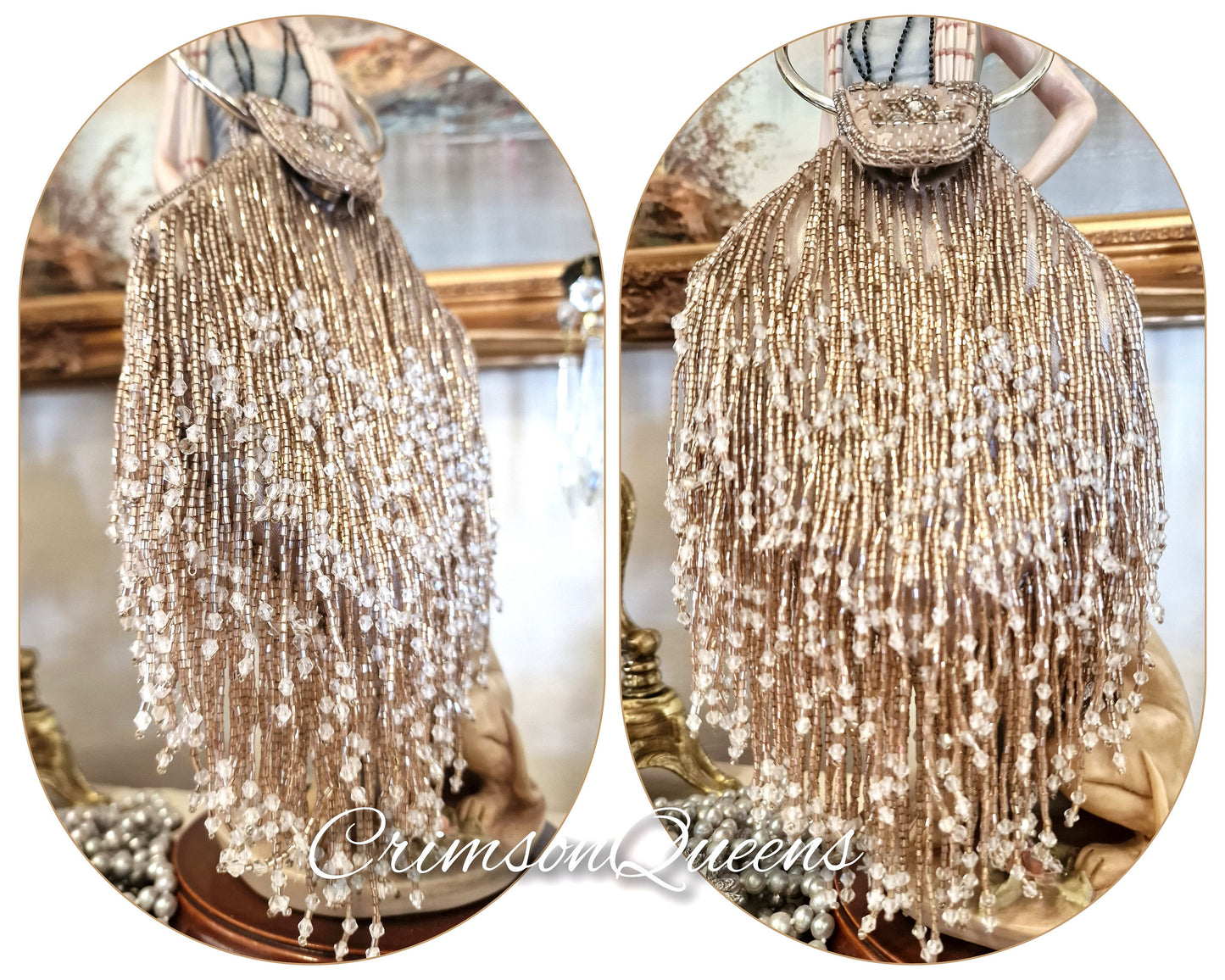 1920s tasseled bag flapper beaded wedding bag vintage beaded bag gold beaded sequinned bag Art Deco evening bag purse