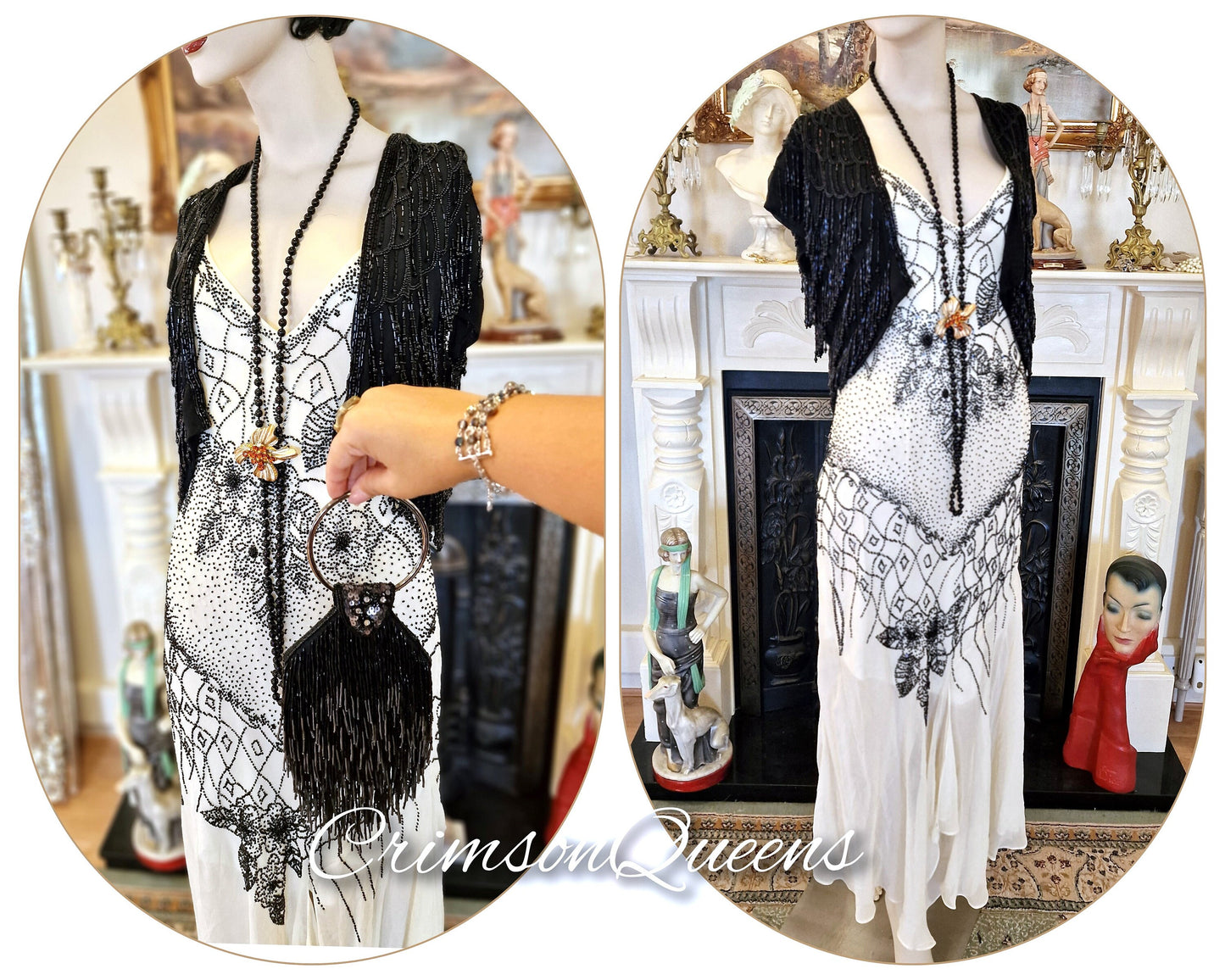 Vintage Flapper wedding dress 1920s Great Gatsby dress 1920s 80s Art Deco bride sequinned monochrome white black dress size UK 10 12 US 6 8