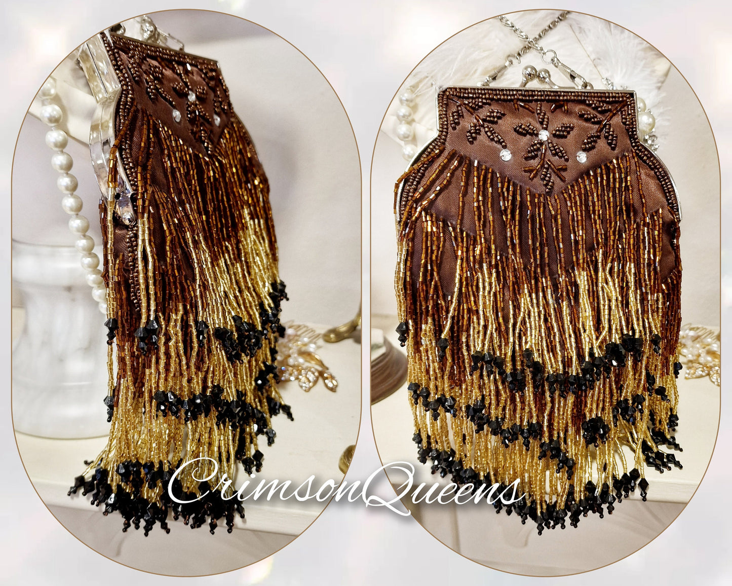 1920s tasseled bag flapper beaded wedding bag vintage beaded bag gold brown beaded sequinned bag Art Deco evening bag purse