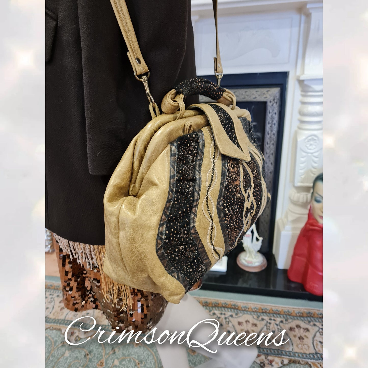 Art Deco Beautiful leather designer tote doctor bag Gladstone embroidered large genuine leather statement bag