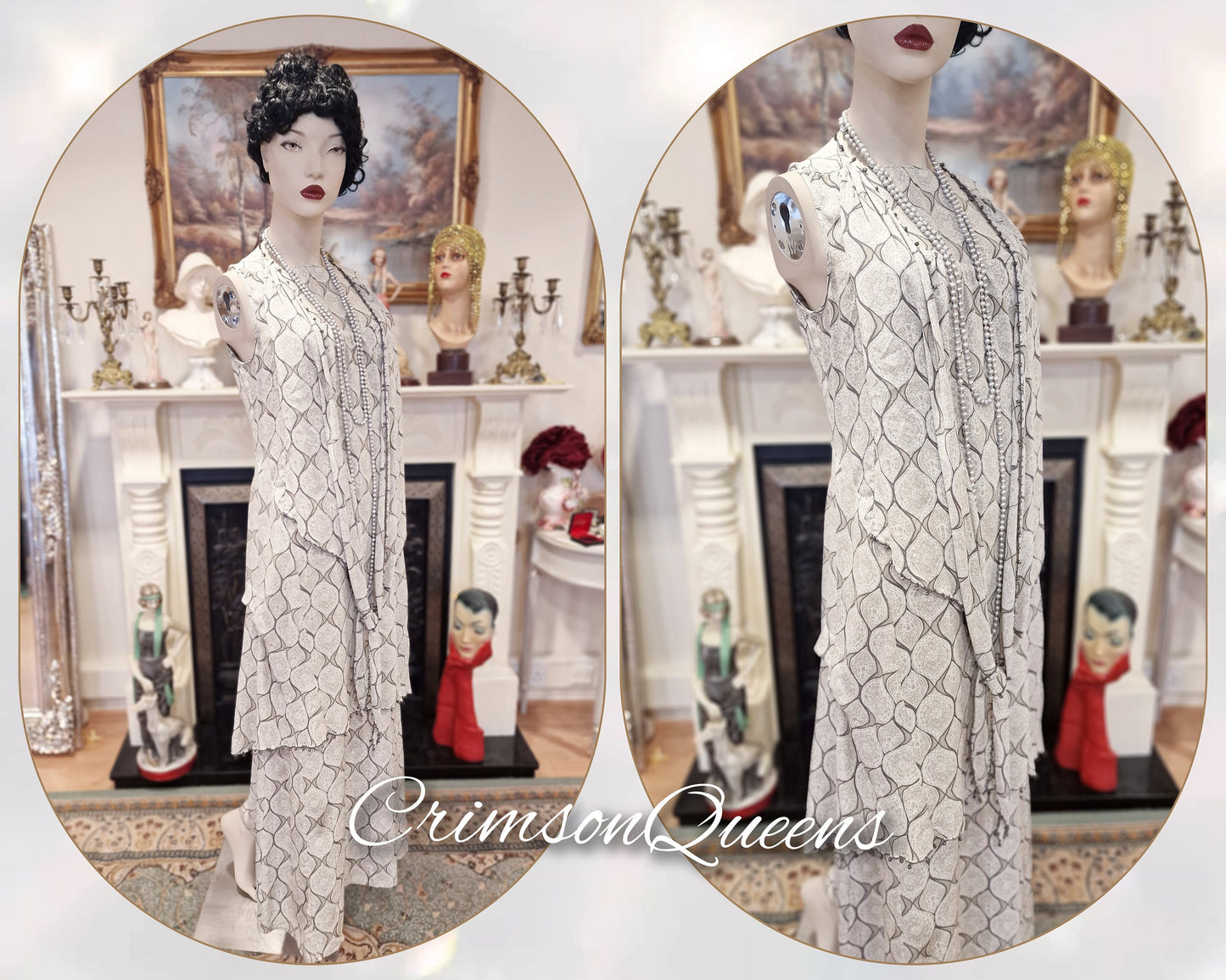 Vintage maxi ethereal silk Downton Abbey Great Gatsby layered ensemble dress with overlay and matching top size UK 12 US 8