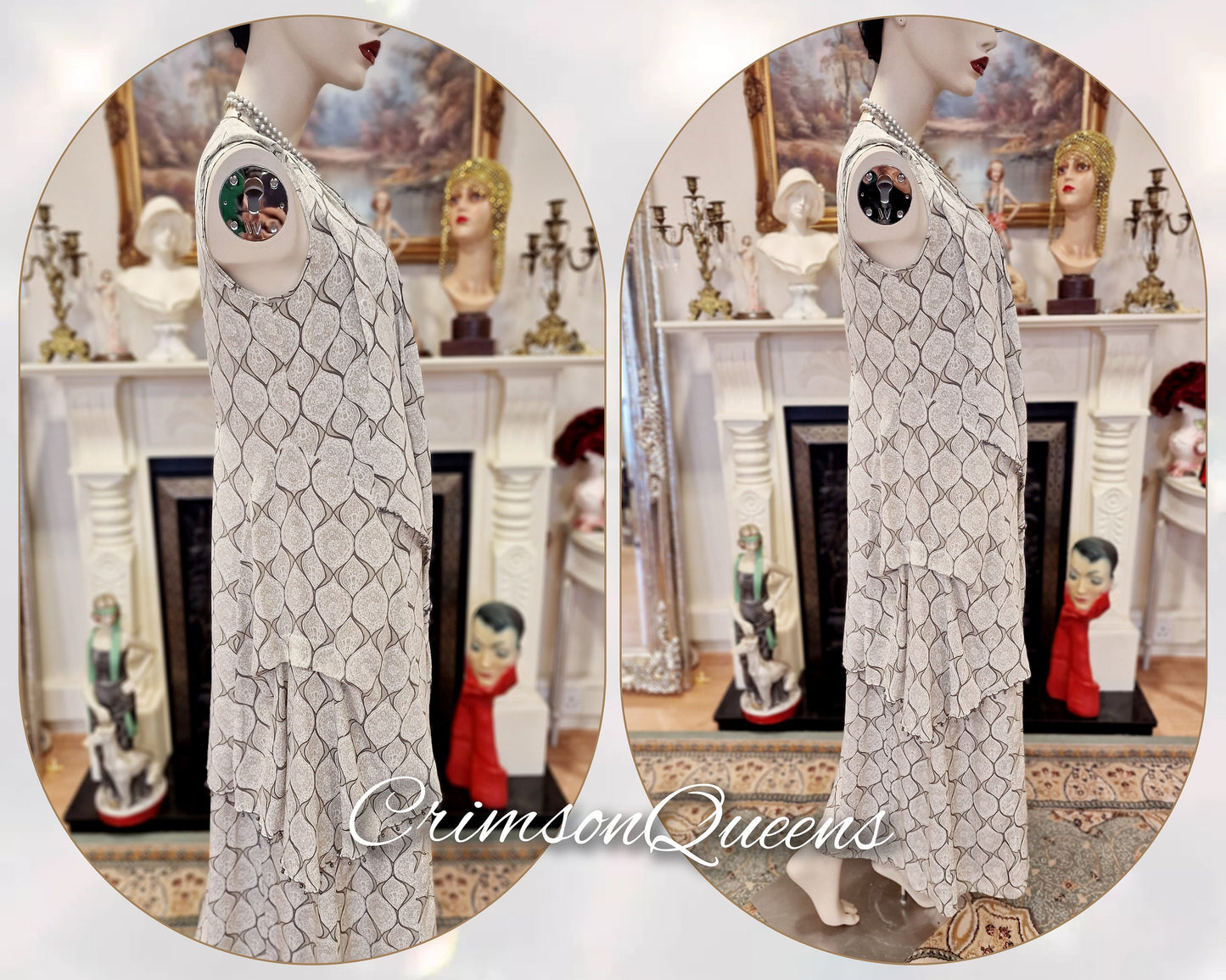 Vintage maxi ethereal silk Downton Abbey Great Gatsby layered ensemble dress with overlay and matching top size UK 12 US 8