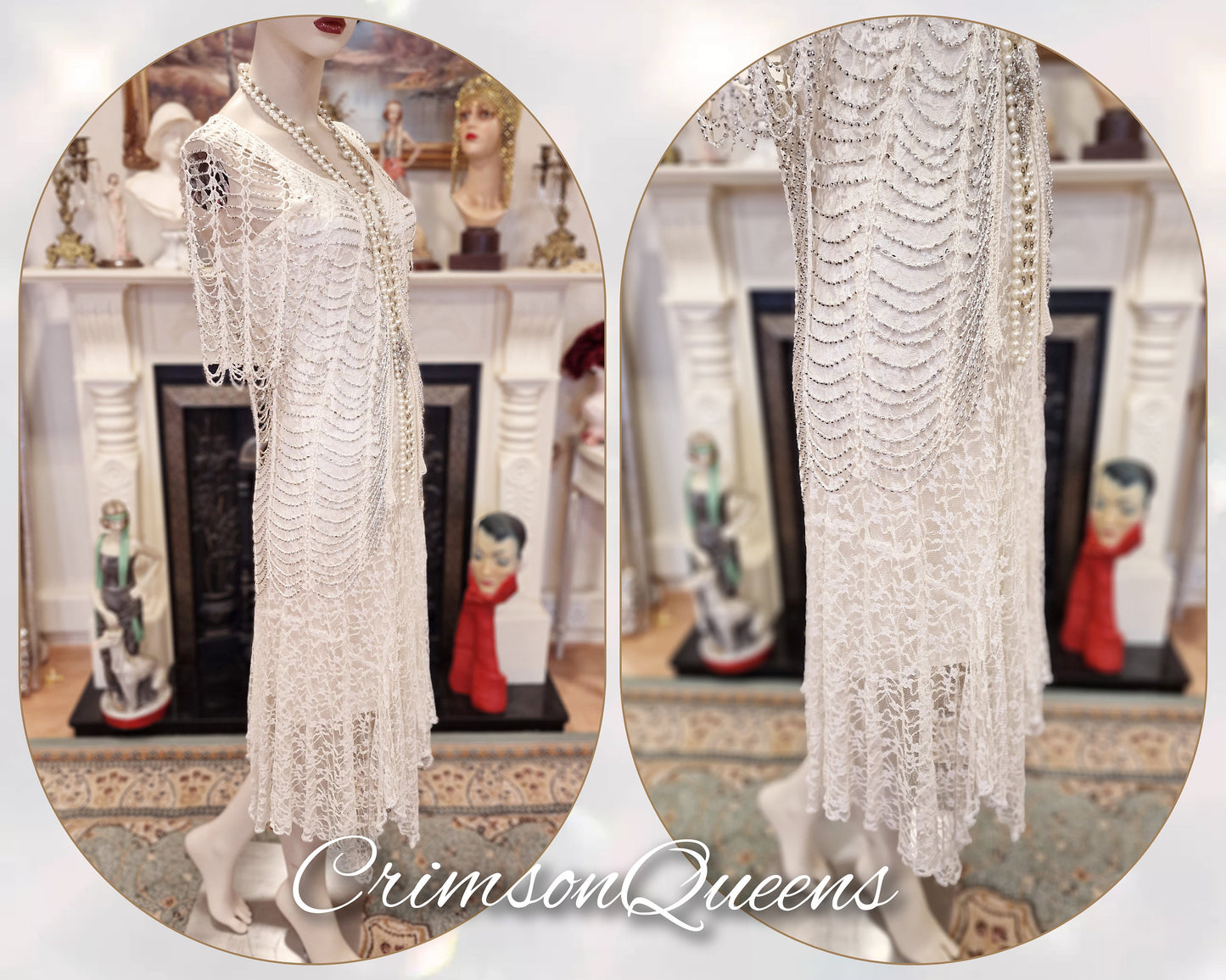 1920s wedding dress 1930s wedding dress al lace mesh flapper bride vintage white gown dress Great Gatsby size UK 8 10 US 4 6