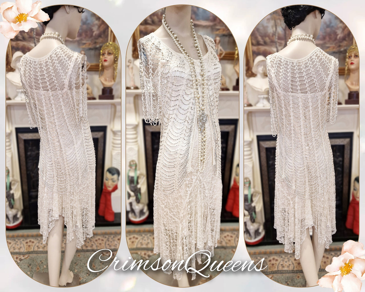 1920s wedding dress 1930s wedding dress al lace mesh flapper bride vintage white gown dress Great Gatsby size UK 8 10 US 4 6