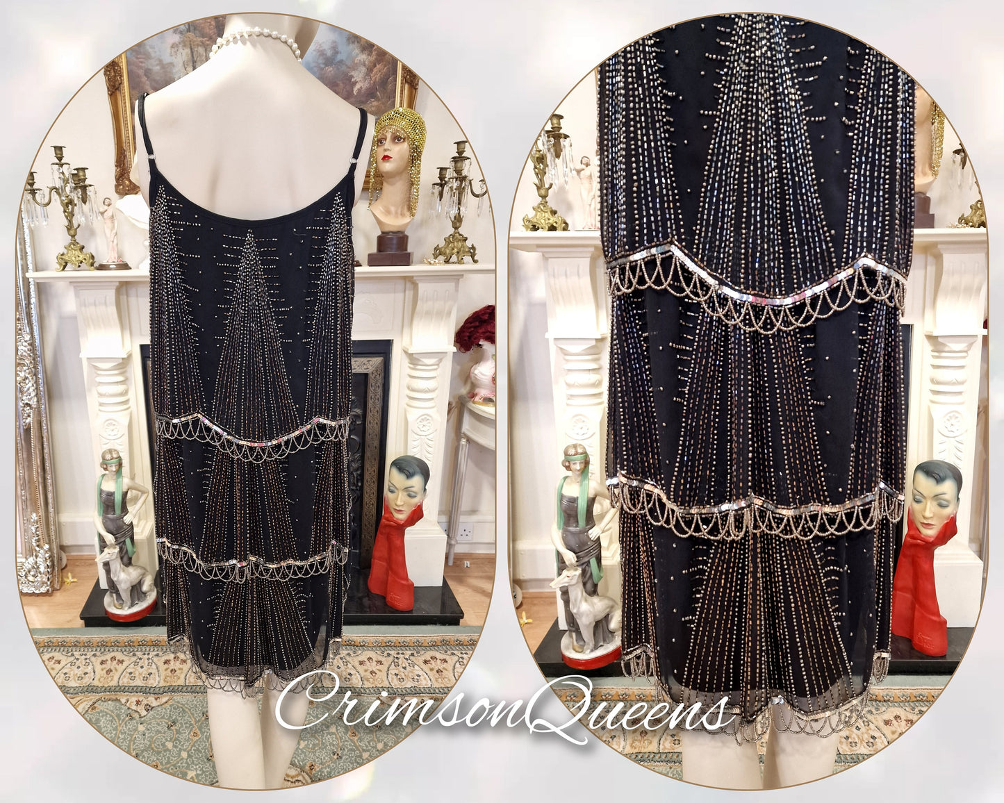 Vintage Art Deco flapper 1920s Great Gatsby Downton Abbey spectacular luxurious evening black silver beaded tasseled dress size UK 12 US 8