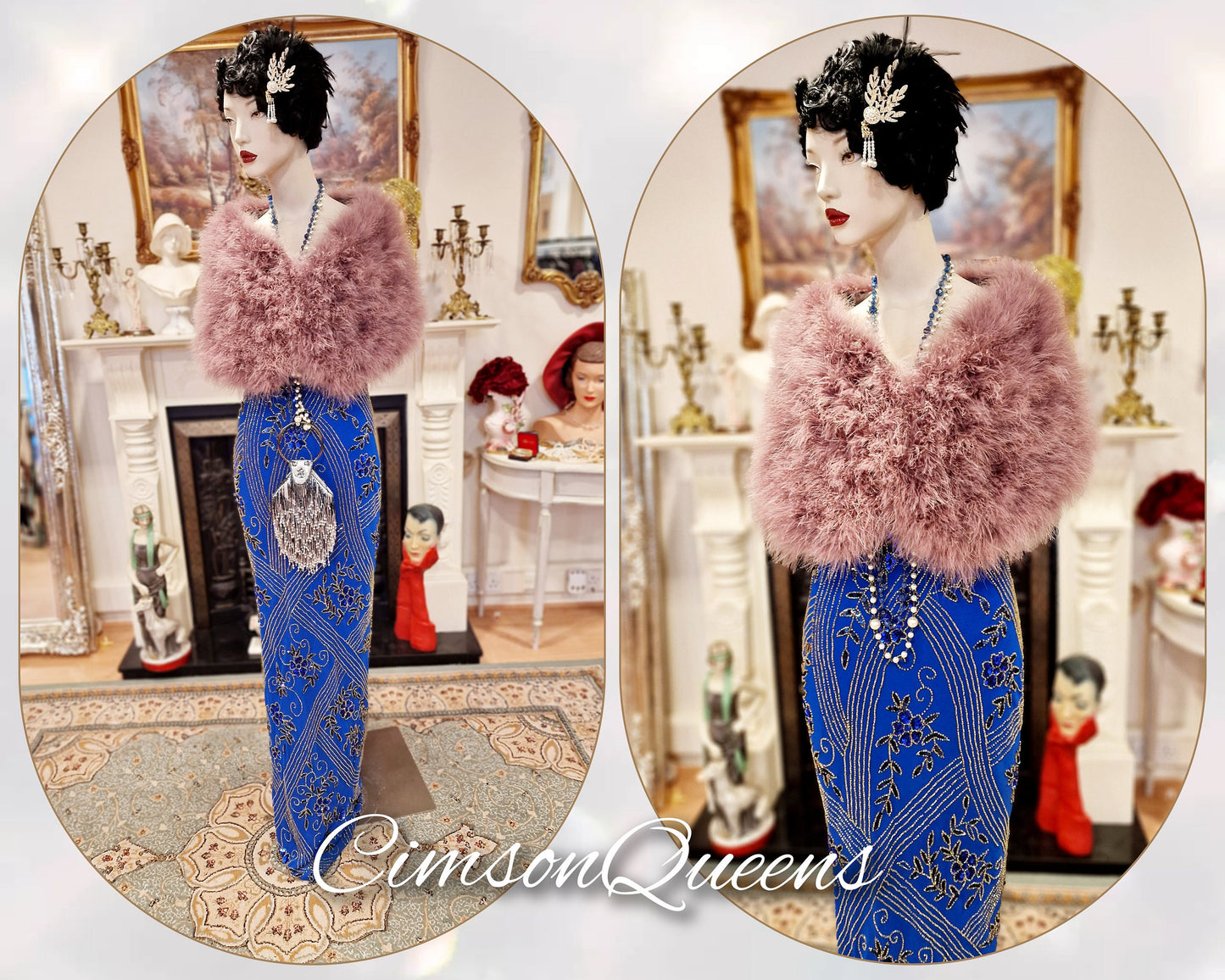 Vintage Great Gatsby 1920s Downton Abbey electric blue all silk sequined embellished beaded Flapper Maxi evening dress size Uk 14 US 10