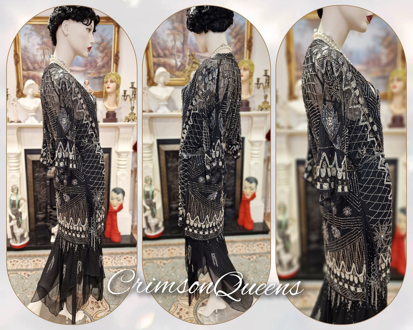 Vintage Downton Abbey Great Gatsby black beaded silk dress 1920s flapper ensemble with Art Deco beaded duster size UK 10 12 US 6 8
