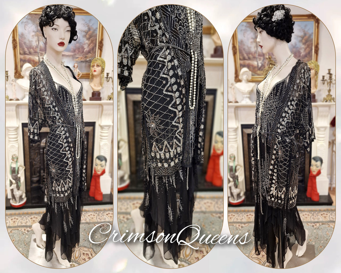 Vintage Downton Abbey Great Gatsby black beaded silk dress 1920s flapper ensemble with Art Deco beaded duster size UK 10 12 US 6 8