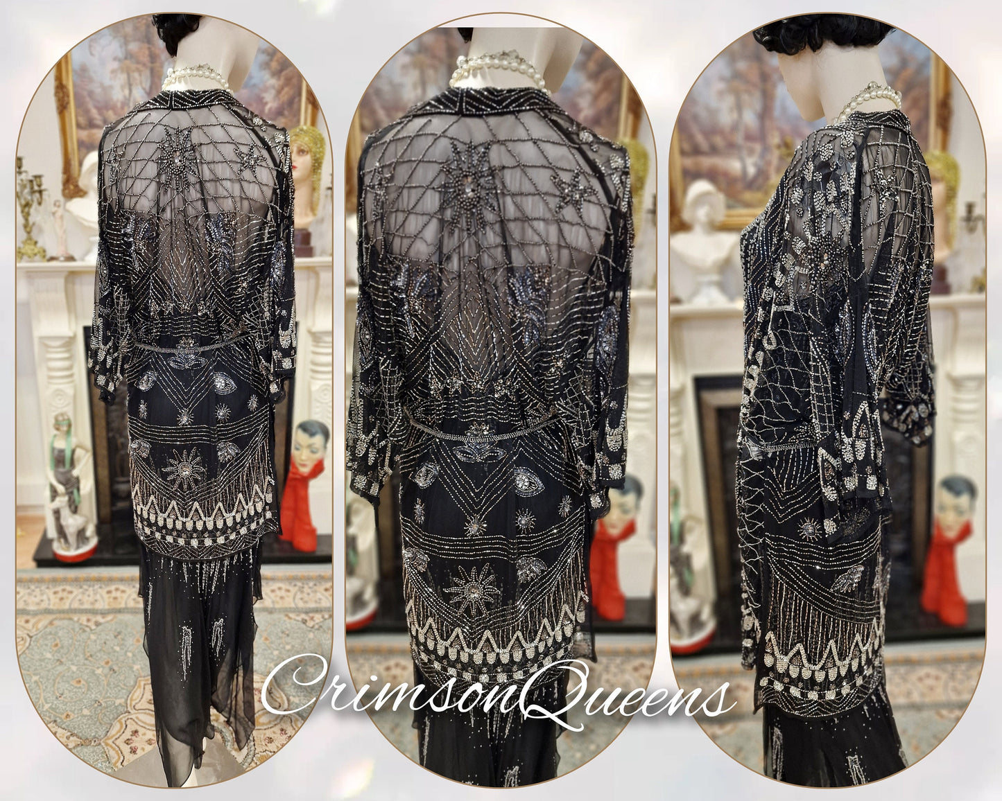 Vintage Downton Abbey Great Gatsby black beaded silk dress 1920s flapper ensemble with Art Deco beaded duster size UK 10 12 US 6 8
