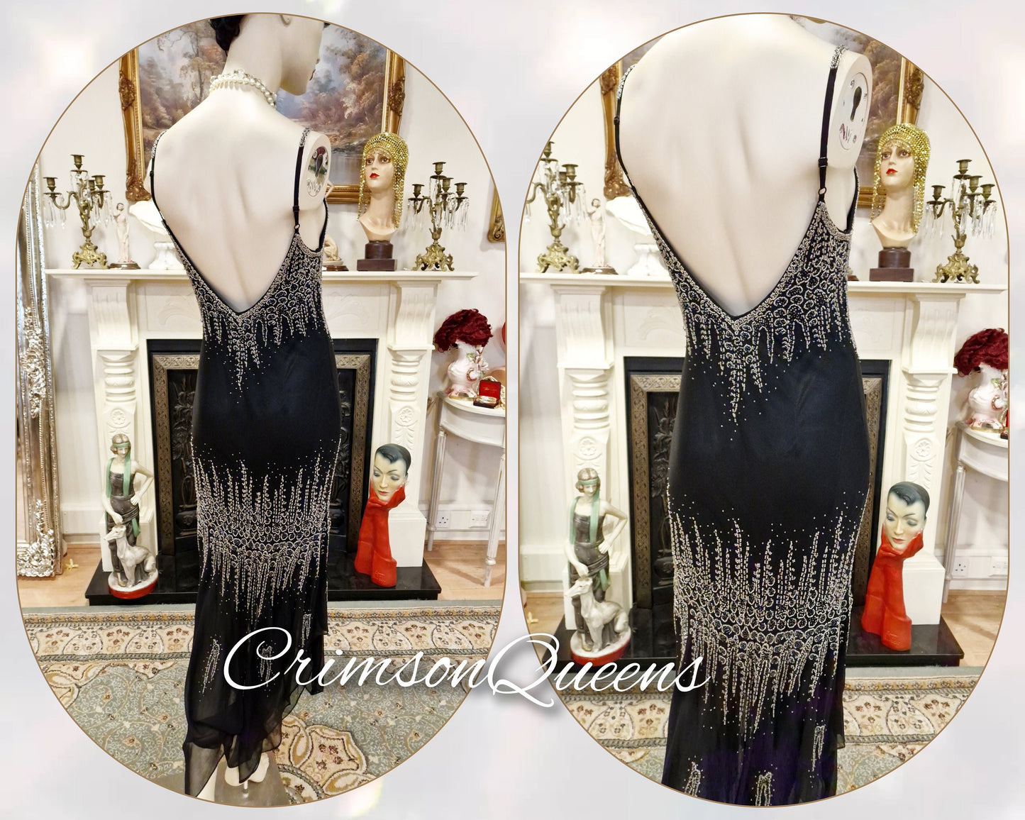 Vintage Downton Abbey Great Gatsby black beaded silk dress 1920s flapper ensemble with Art Deco beaded duster size UK 10 12 US 6 8