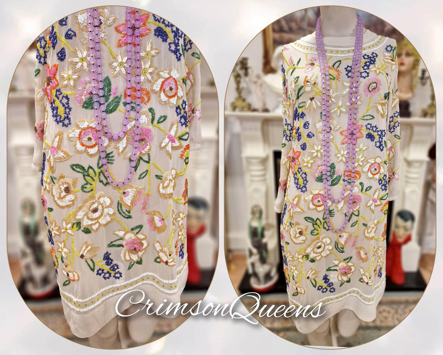 Divine Vintage nude Lady Rose Downton Abbey maxi beaded sequinned embellished dress 1920's flapper wedding occasion dress Size UK 12 US 8