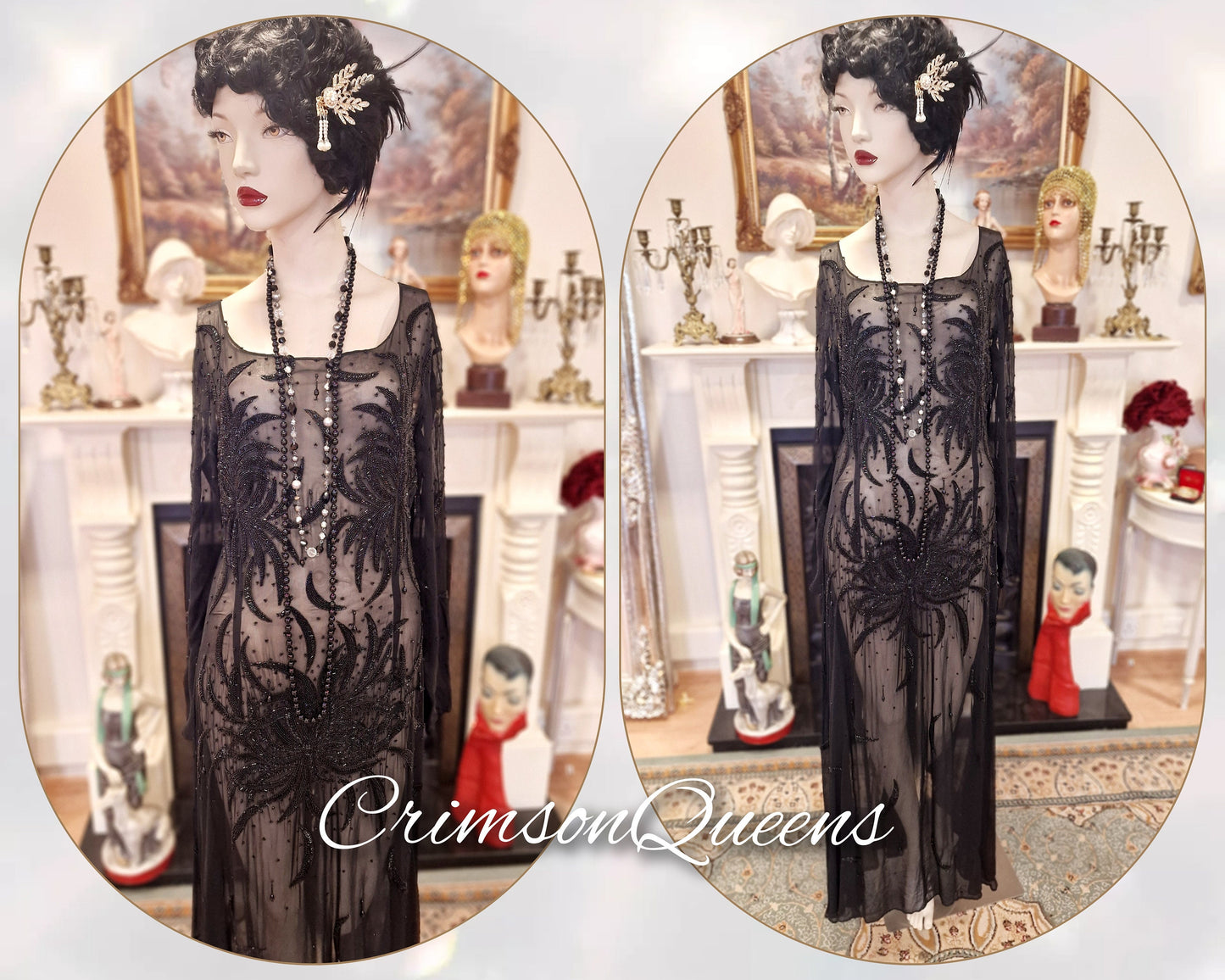 Vintage Art Deco dress Downton Abbey dress Flapper dress 1920s Dress Beaded Sheer Black Mesh Dress Size UK 12 US 8