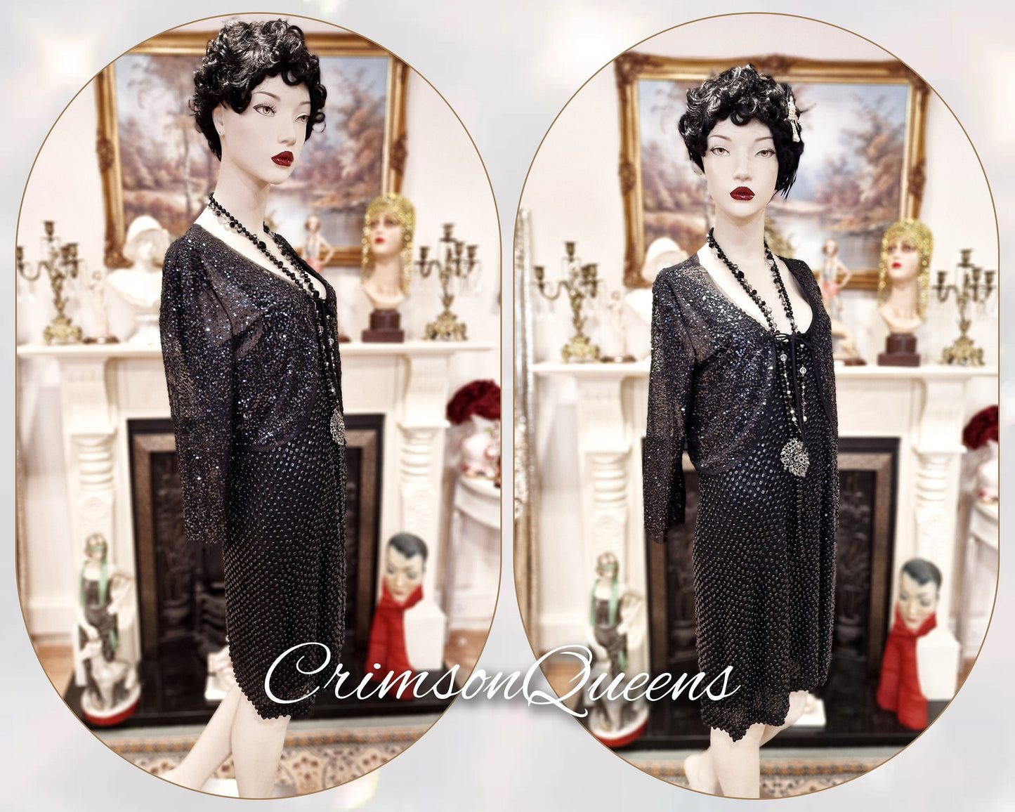 1920s Art Deco Flapper Charleston Gatsby vintage heavily beaded shell evening Avant Garde black dress size UK 12 14 US 8 10