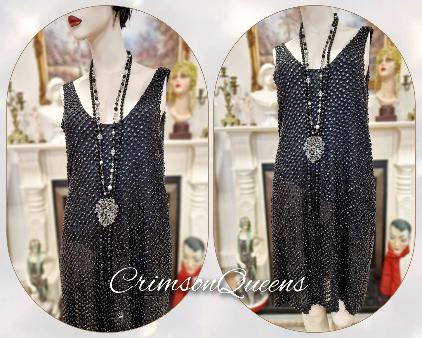 1920s Art Deco Flapper Charleston Gatsby vintage heavily beaded shell evening Avant Garde black dress size UK 12 14 US 8 10