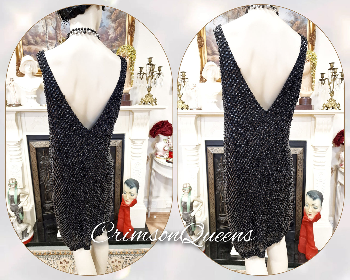 1920s Art Deco Flapper Charleston Gatsby vintage heavily beaded shell evening Avant Garde black dress size UK 12 14 US 8 10