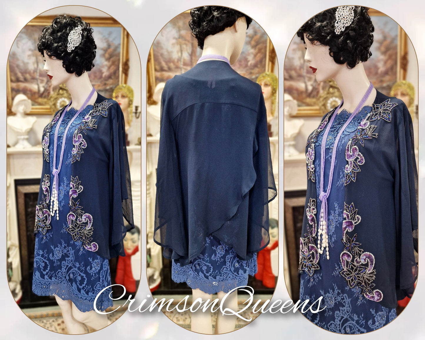 Vintage 1920s Great Gatsby Black Navy Blue beaded Jewelled lace in Downton Abbey Net Dress Size UK 10 12 US 6 8