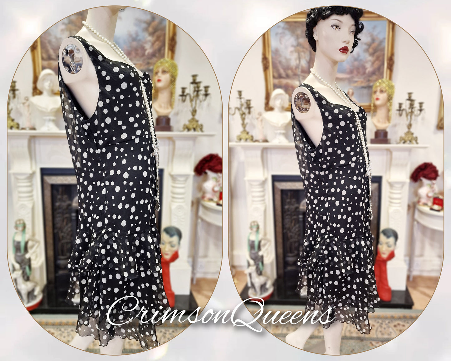 Vintage silk chiffon polka-dot spotted black and white 1920s garden cocktail every day casual frilled dress UK 16/18 US 12/14