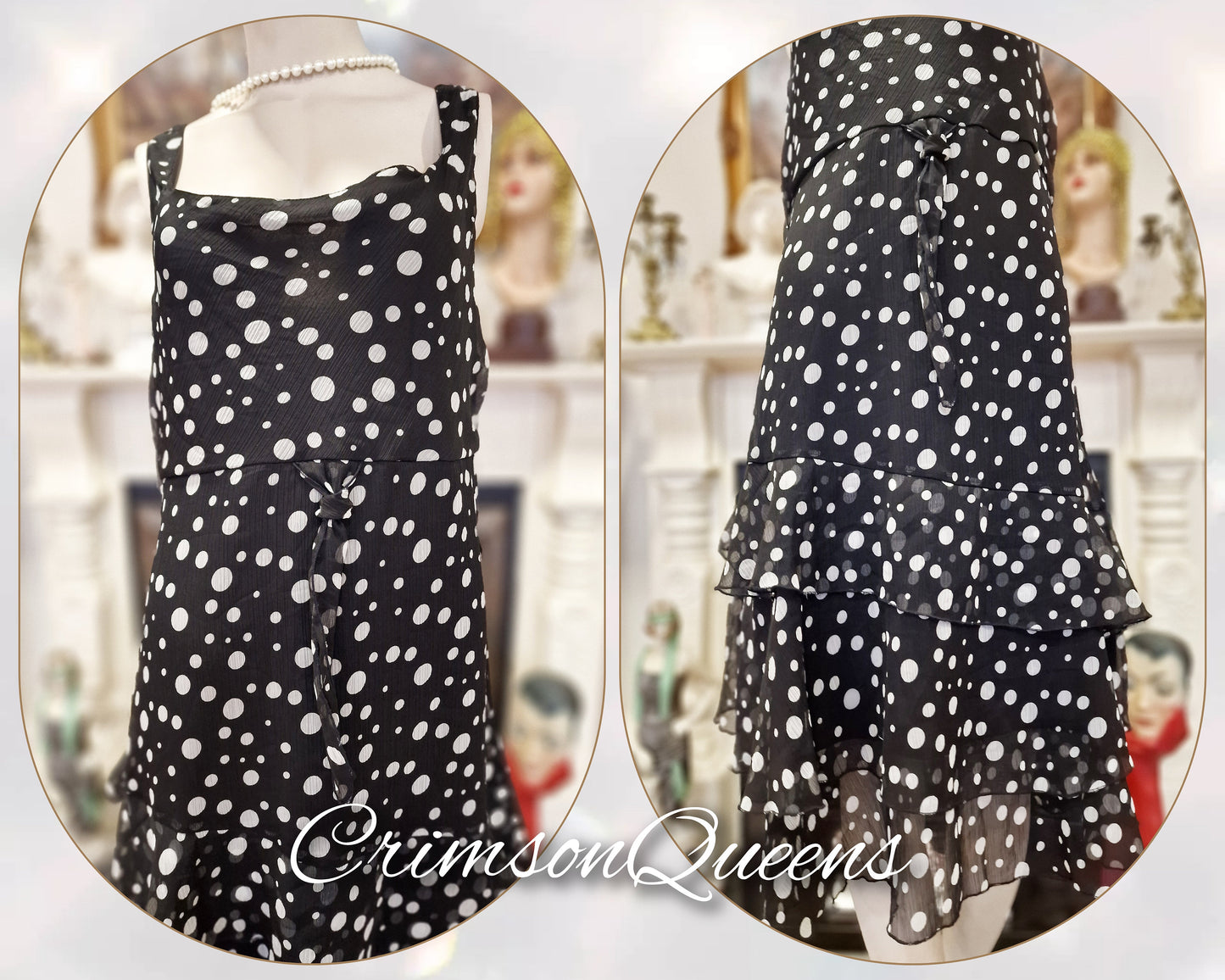 Vintage silk chiffon polka-dot spotted black and white 1920s garden cocktail every day casual frilled dress UK 16/18 US 12/14