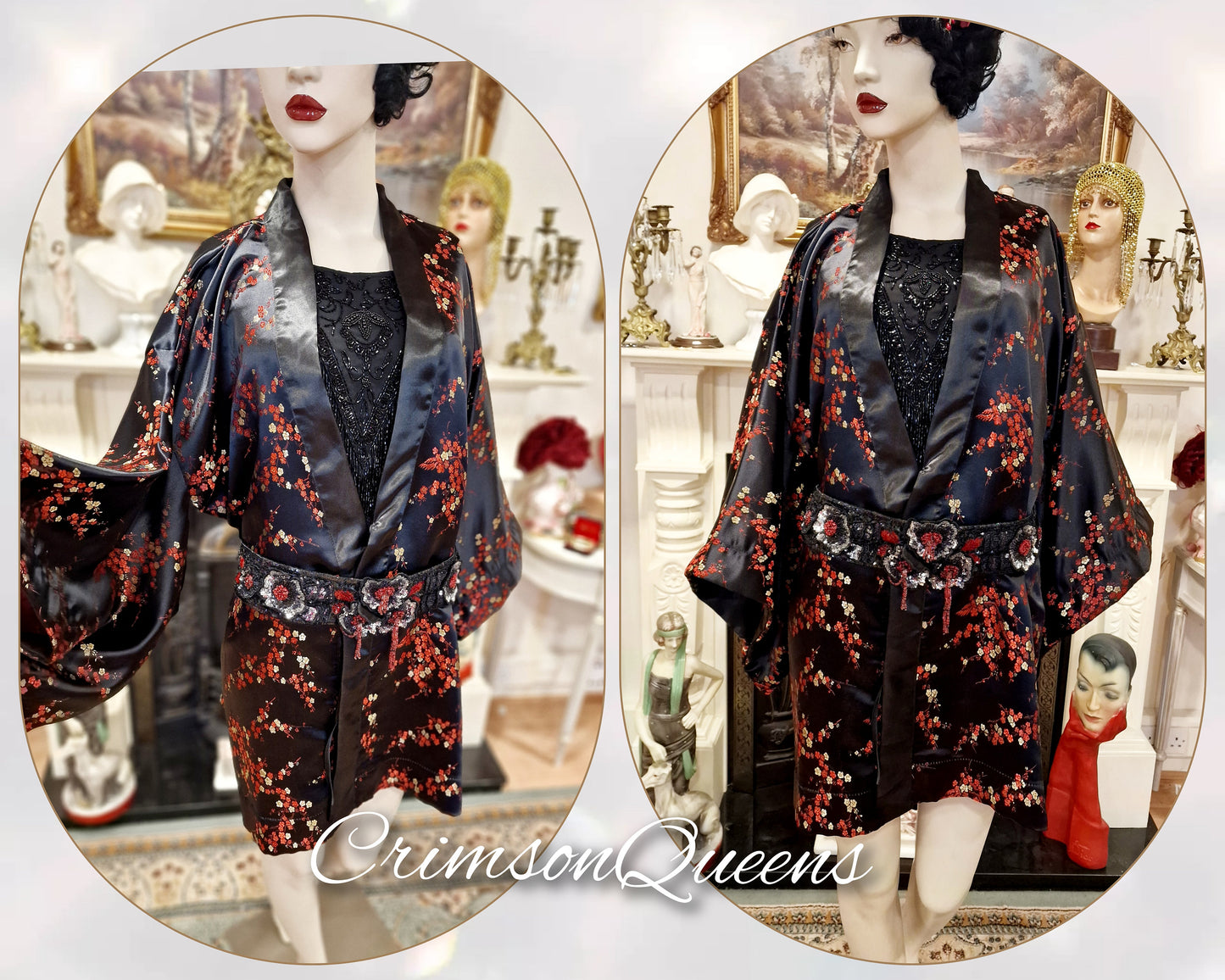 Vintage satin silk Japanese kimono 1920s Art Deco embroidered oriental Asian soft black duster coat with embellished belt UK 10 12 US 6 8