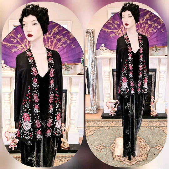 Vintage opera Coat 1920s flapper opera coat Art Deco coat embroidered oriental Asian soft black kimono duster coat UK 10 US 6
