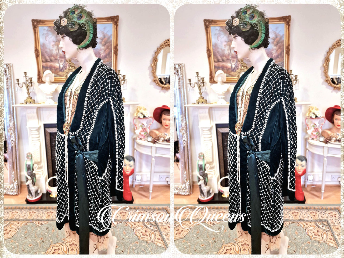 Art Deco 1920s vintage bottle green beaded pearl embellishments Downton Abbey Great Gatsy long jacket coat duster occasion size UK 14 US 10