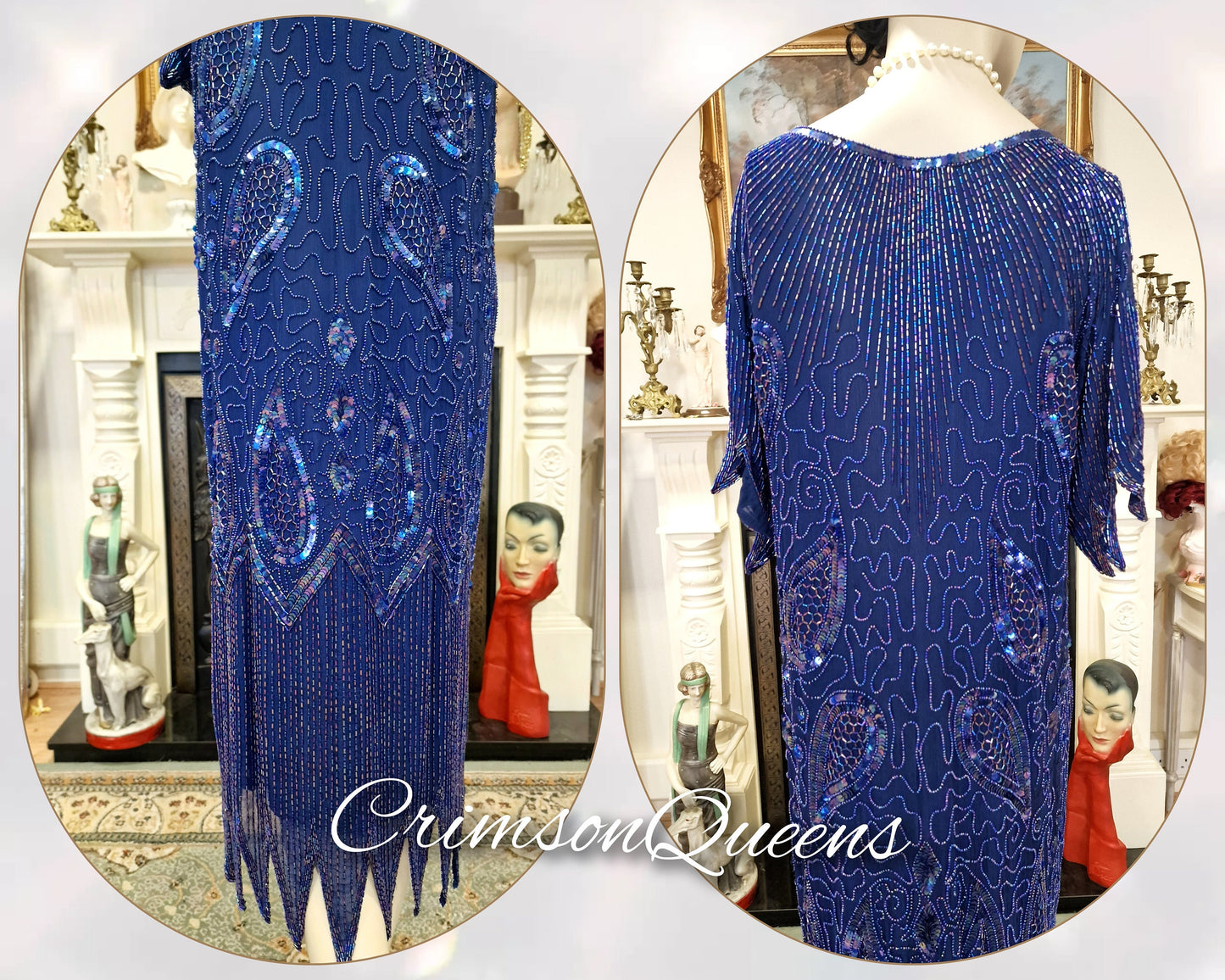 Art Deco dress Flapper dress Downton Abbey dress 1920s dress blue Great Gatsby dress heavily beaded vintage dress cize UK 14 16 US 10 12