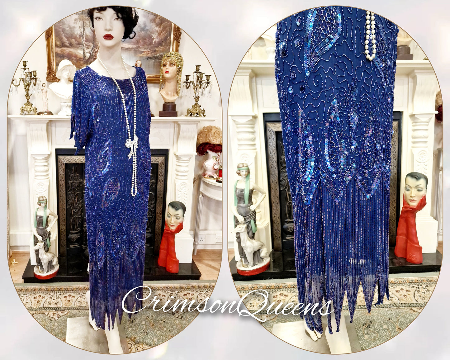 Art Deco dress Flapper dress Downton Abbey dress 1920s dress blue Great Gatsby dress heavily beaded vintage dress cize UK 14 16 US 10 12