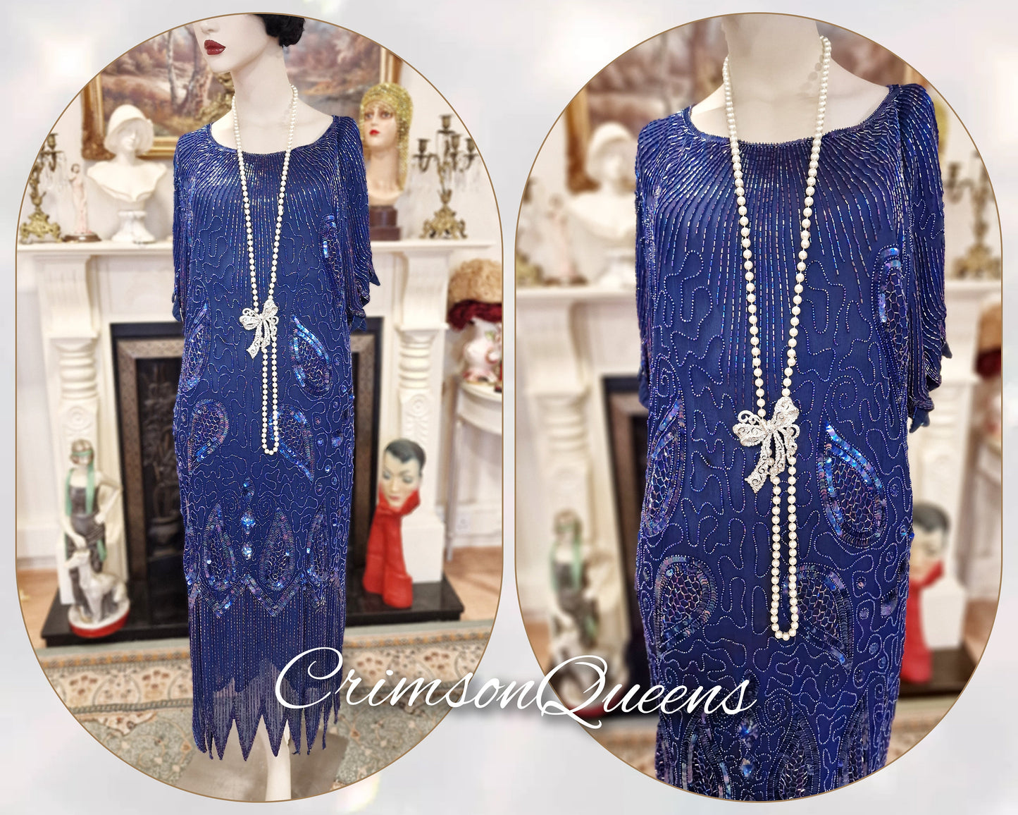 Art Deco dress Flapper dress Downton Abbey dress 1920s dress blue Great Gatsby dress heavily beaded vintage dress cize UK 14 16 US 10 12