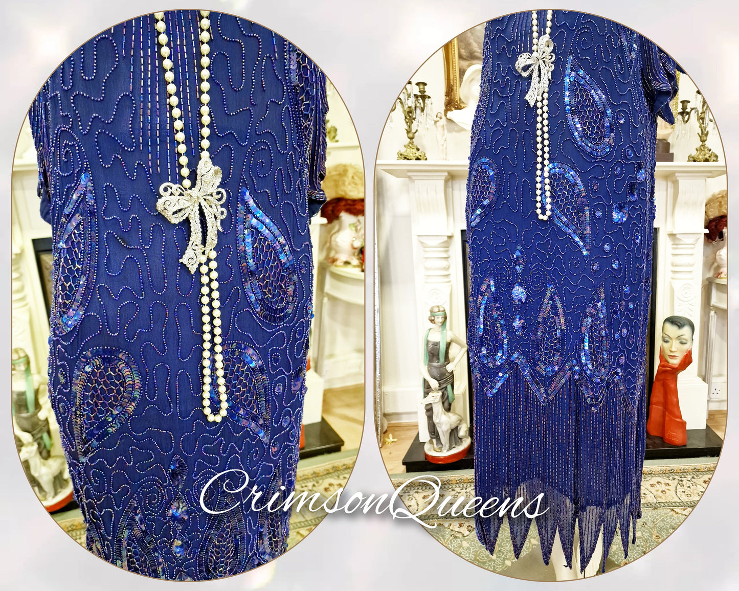 Art Deco dress Flapper dress Downton Abbey dress 1920s dress blue Great Gatsby dress heavily beaded vintage dress cize UK 14 16 US 10 12