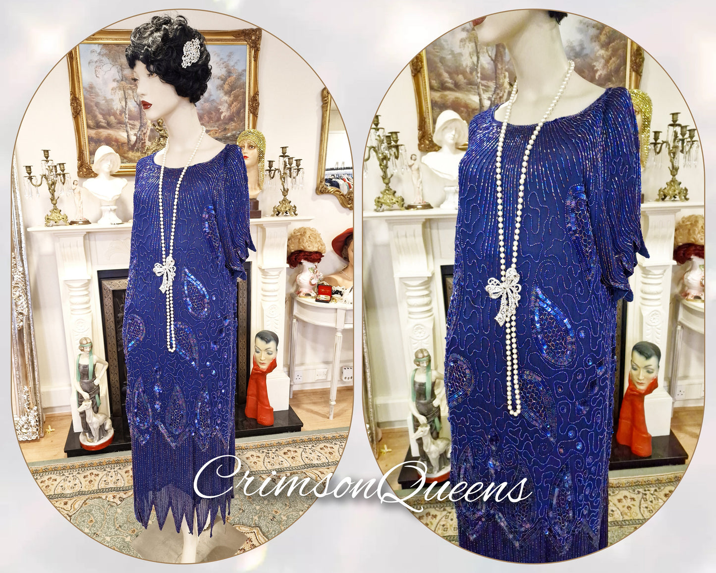 Art Deco dress Flapper dress Downton Abbey dress 1920s dress blue Great Gatsby dress heavily beaded vintage dress cize UK 14 16 US 10 12