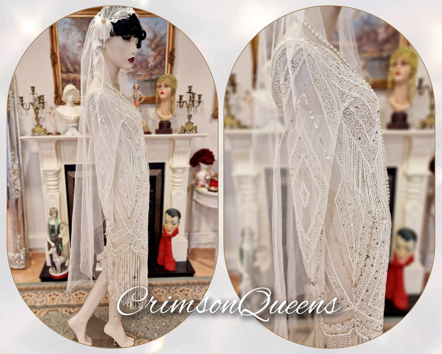 1920's Bride White Wedding Bridal Dress Fully Beaded Flapper Great Gatsby Charleston Jazz Era Prohibition Size UK 6 8 US 2 4