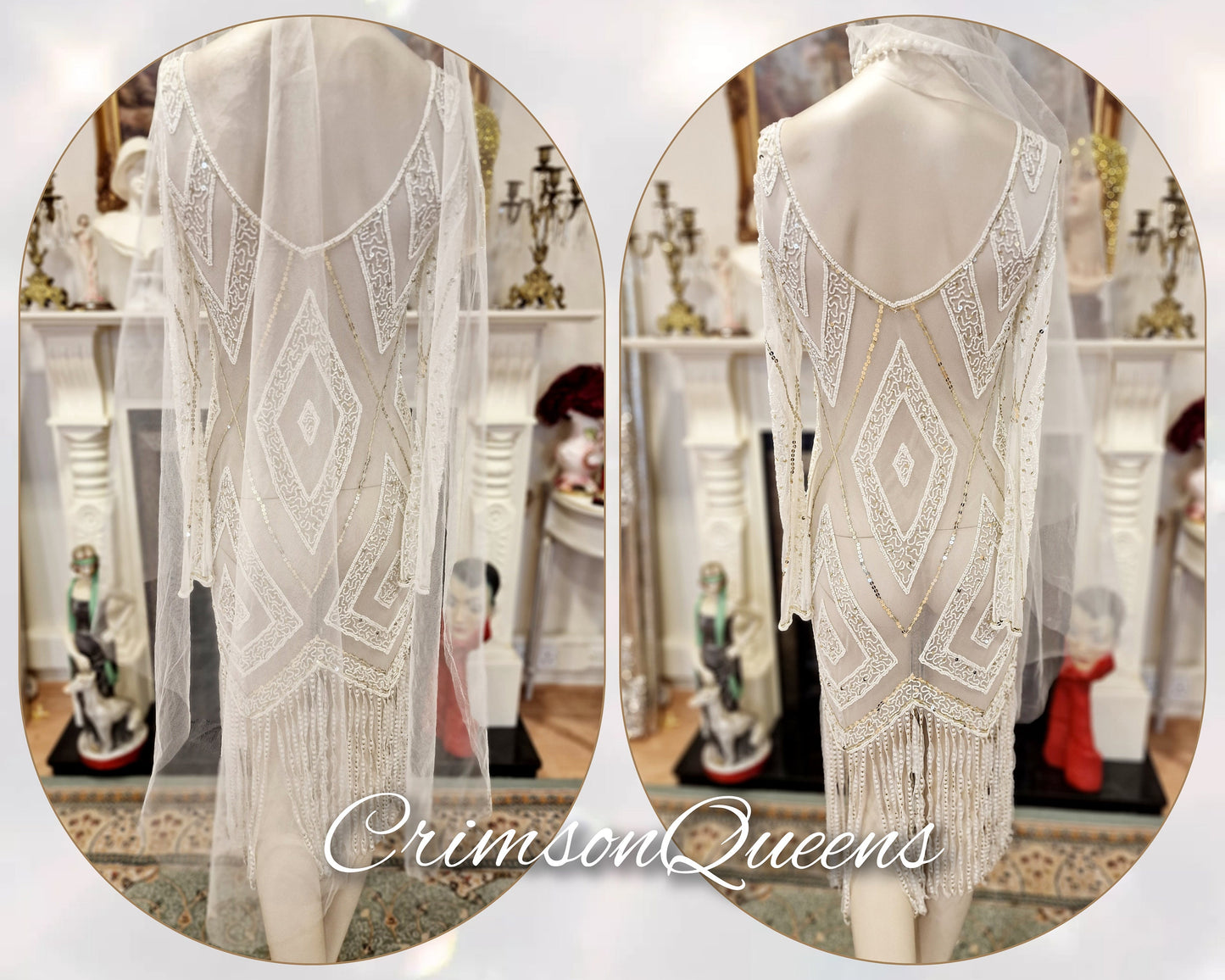1920's Bride White Wedding Bridal Dress Fully Beaded Flapper Great Gatsby Charleston Jazz Era Prohibition Size UK 6 8 US 2 4