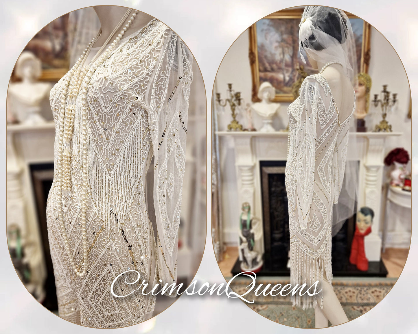 1920's Bride White Wedding Bridal Dress Fully Beaded Flapper Great Gatsby Charleston Jazz Era Prohibition Size UK 6 8 US 2 4