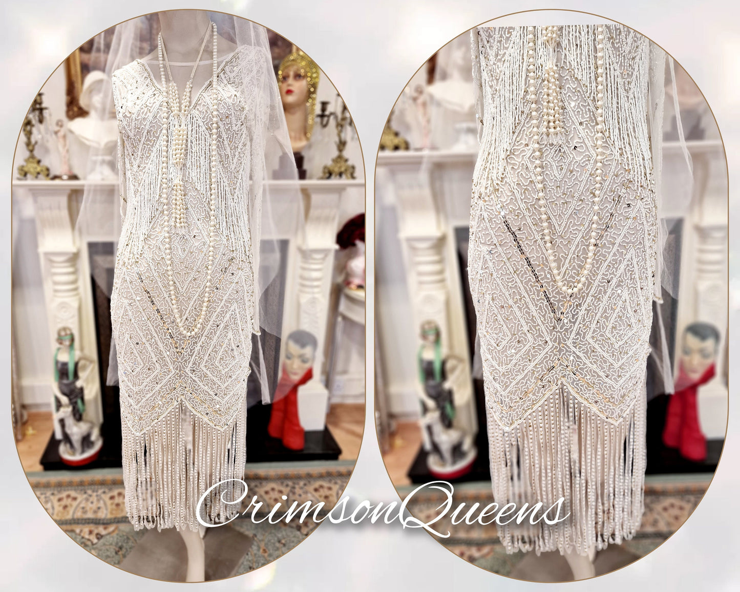 1920's Bride White Wedding Bridal Dress Fully Beaded Flapper Great Gatsby Charleston Jazz Era Prohibition Size UK 6 8 US 2 4