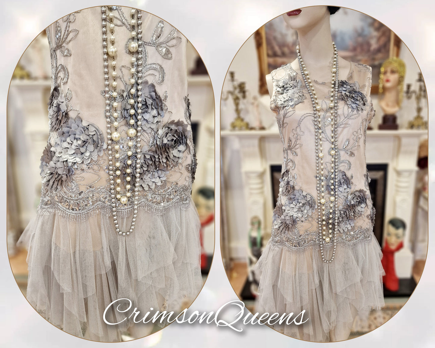 Vintage Great Gatsby 1920s pale pink frilled lacy beaded flapper style dress 1920s beaded embellished dress UK 10 US 6