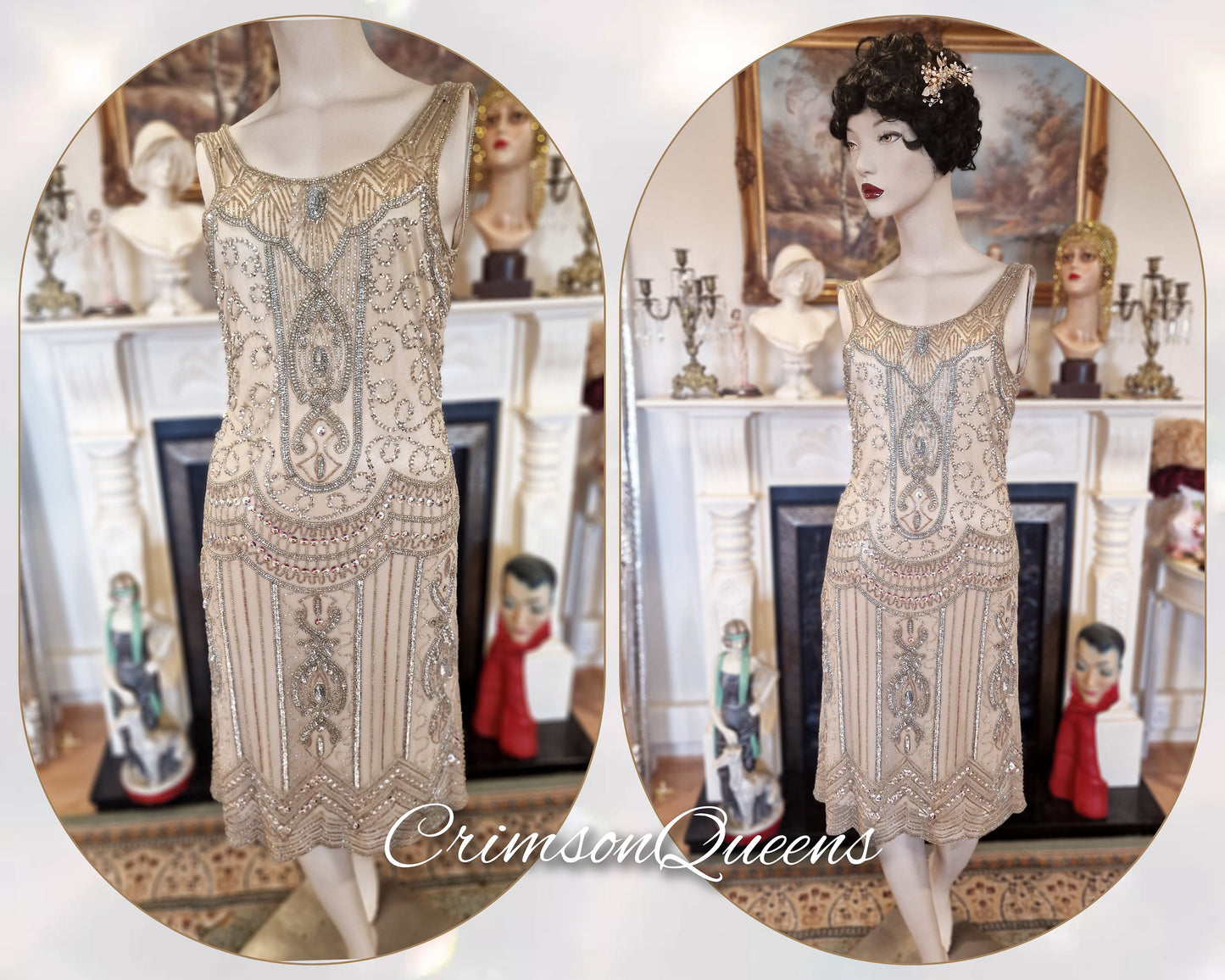 Vintage Great Gatsby pale gold beaded embellished shell flapper style dress 1920s beaded embellished dress UK 8 US 4