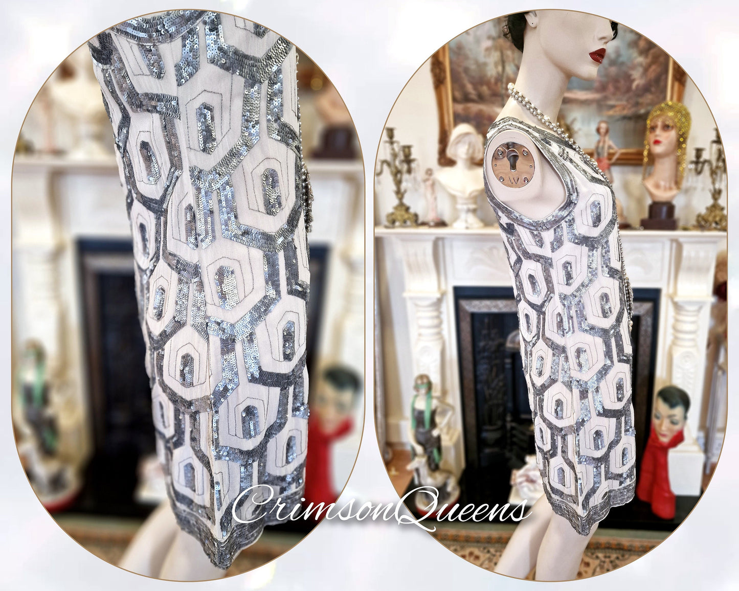 Flapper dress 1920s dress Great Gatsby dress Art Deco dress vintage silver silk dress heavily sequined dress size UK 14 US 10